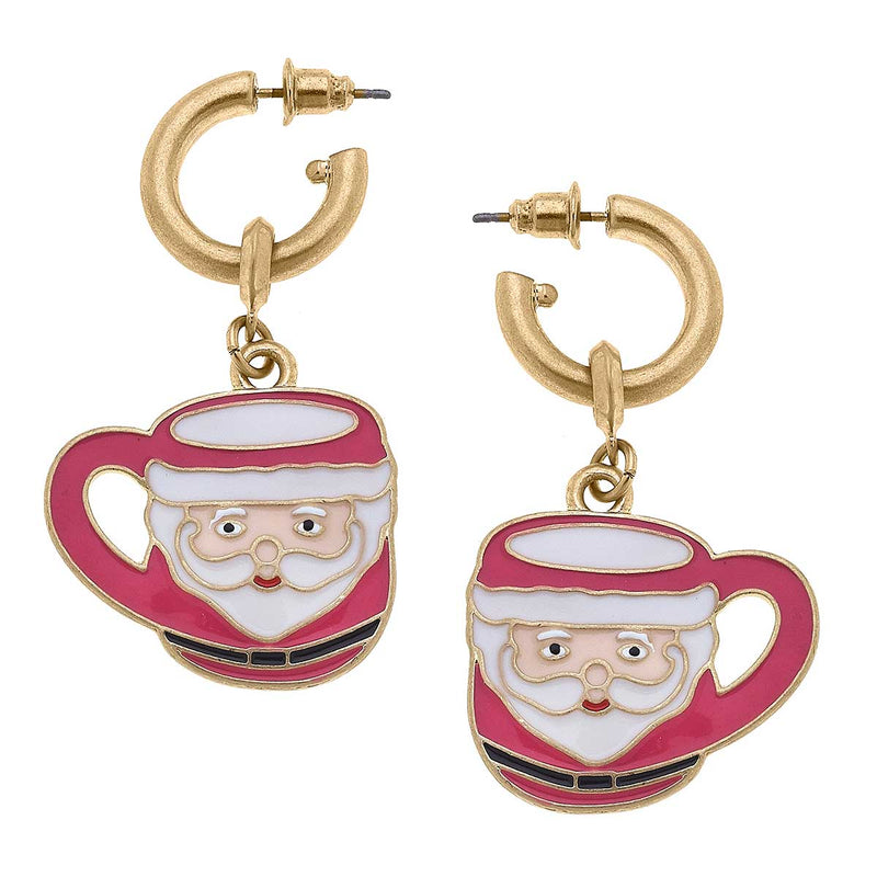 Noelle Santa Mug Earrings in Pink & White Enamel
