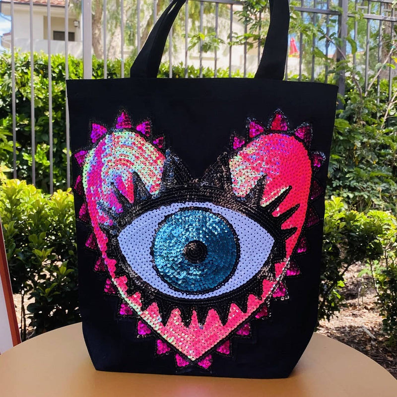 Evil Eye Canvas Tote Bags Pink Heart Sequins
