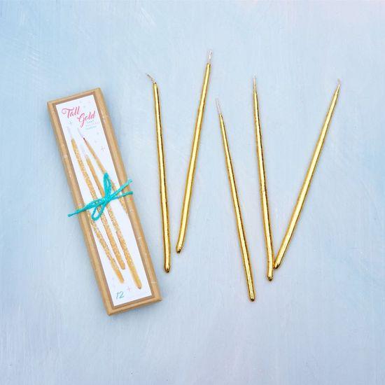 GOLD TALL PARTY CANDLES - SET OF 12