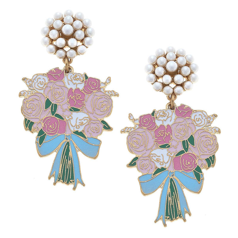 Laney Enamel Bridal Bouquet & Pearl Cluster Earrings in Pink & Blue