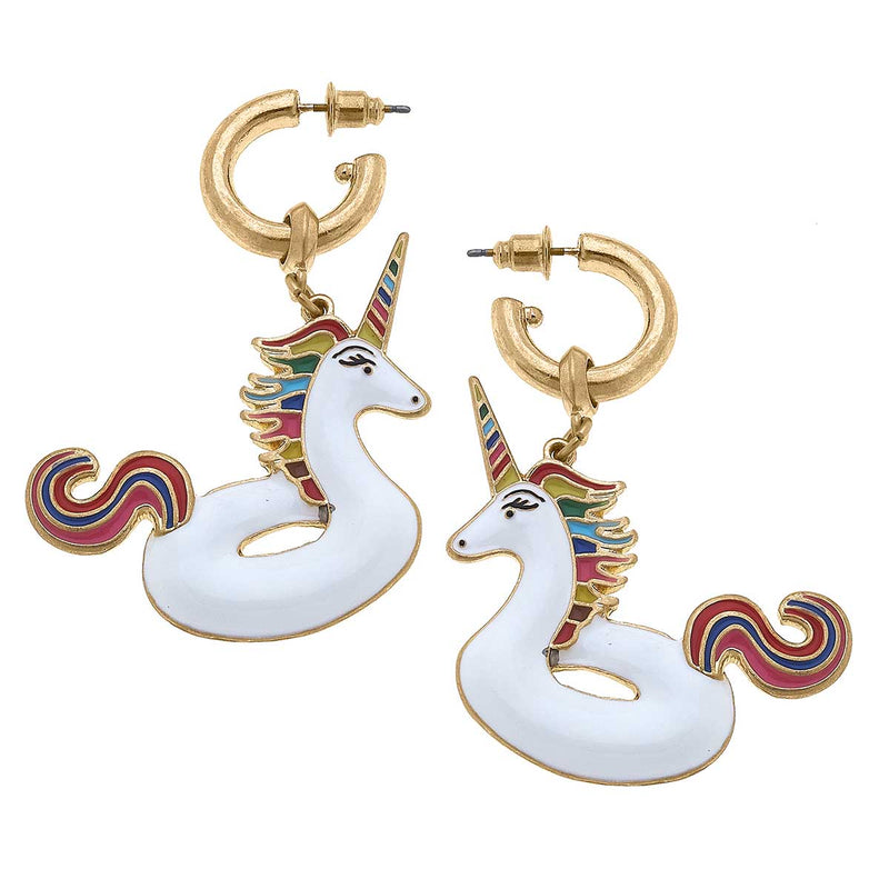 Unicorn Pool Float Enamel Earrings in White Multi