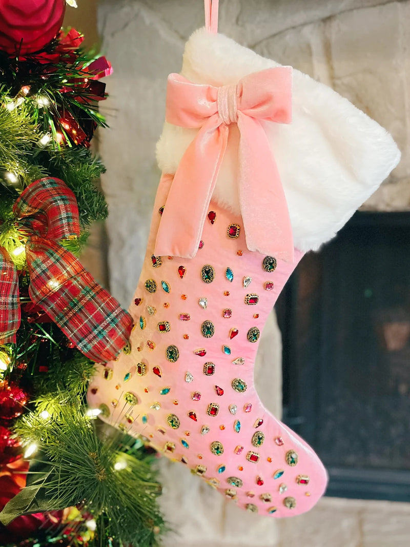 Bejeweled Velvet Christmas Stocking with Bow